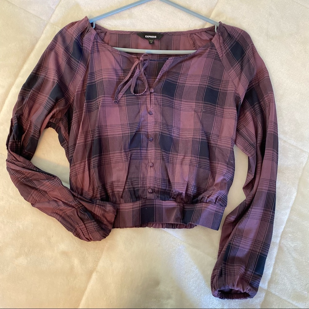 Express Plaid Balloon Sleeve Cinched Blouse
